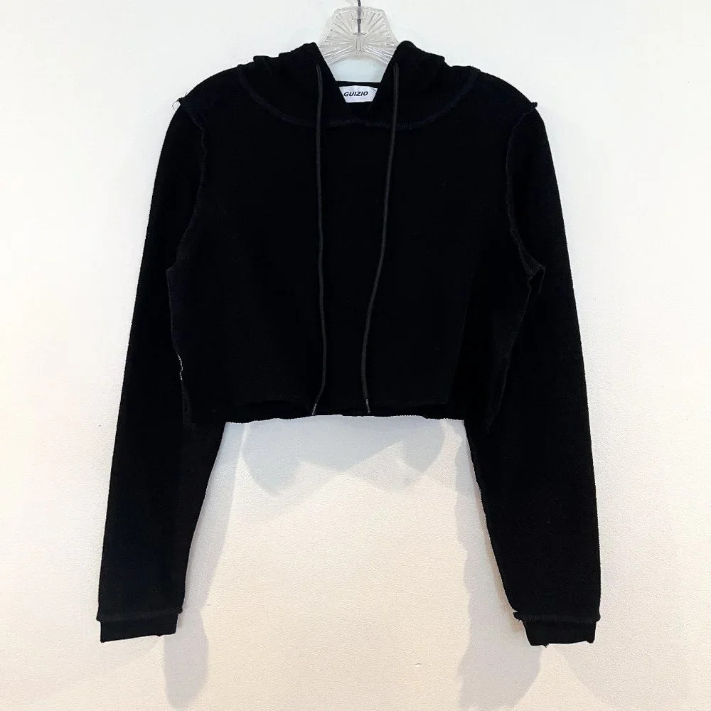 GUIZIO Black Reverse Stitch Cropped Pullover Hooded Designer Sweatshirt XS - Picture 2 of 9